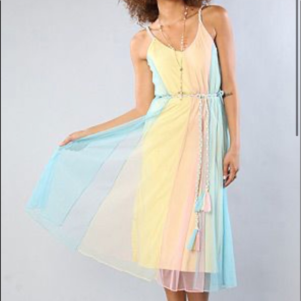 UNIF Pastel Rainbow Slip Dress in Blue, Yellow, Pink